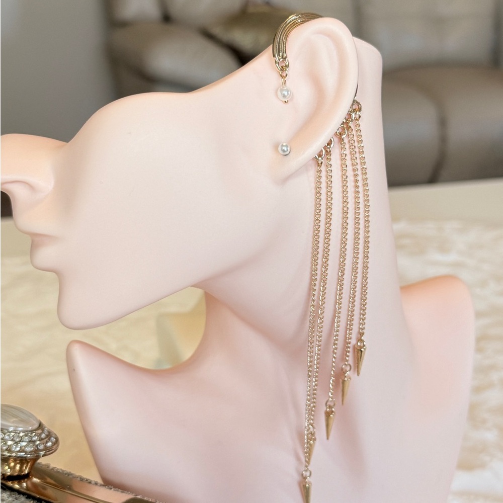 Gold Long Chain Drop Earring - Picture 7 of 12